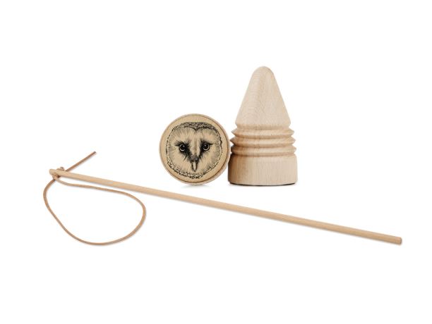 Dřevěná káča RETRO s bičíkem - Sova pálená pérovka